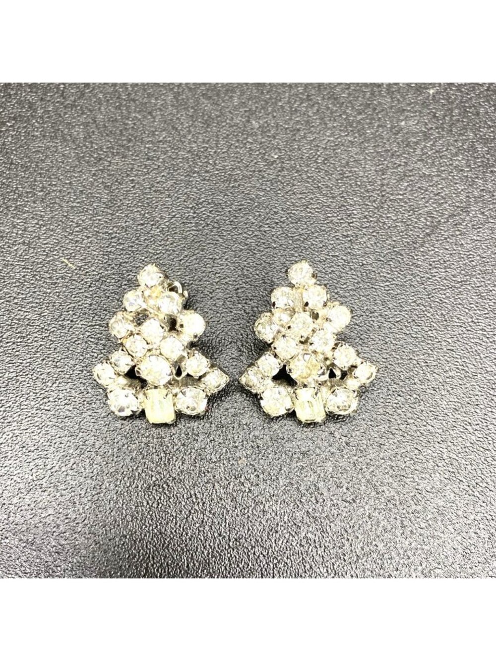 Vintage 50s 60s MCM Rhinestone Inverted Triangle Drop Clip-On Earrings, Bridal